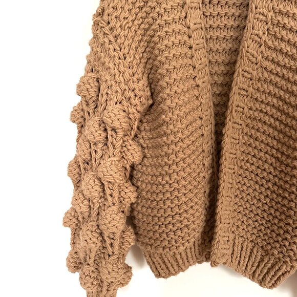 Caramel Handmade Knit Cardigan with Pom-Pom Sleeves, One Size - Picture 4 of 4